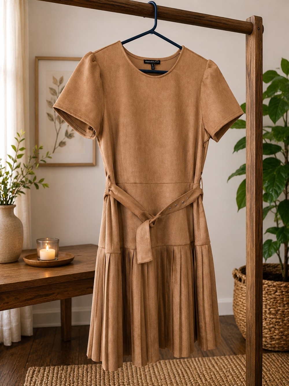 Classic Belted Suede Dress - Tan